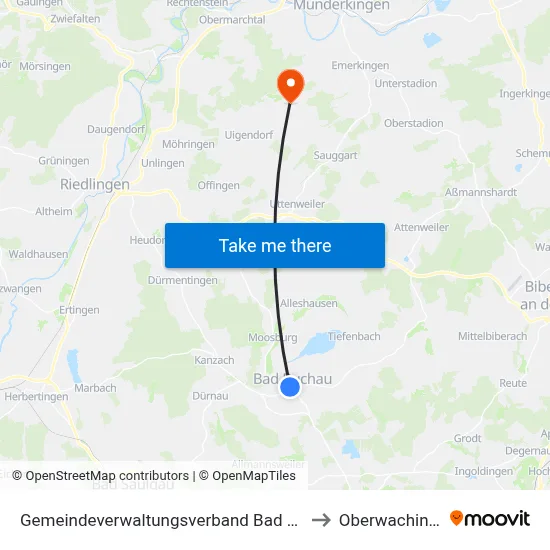 Gemeindeverwaltungsverband Bad Buchau to Oberwachingen map