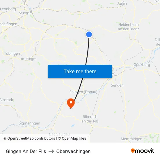 Gingen An Der Fils to Oberwachingen map