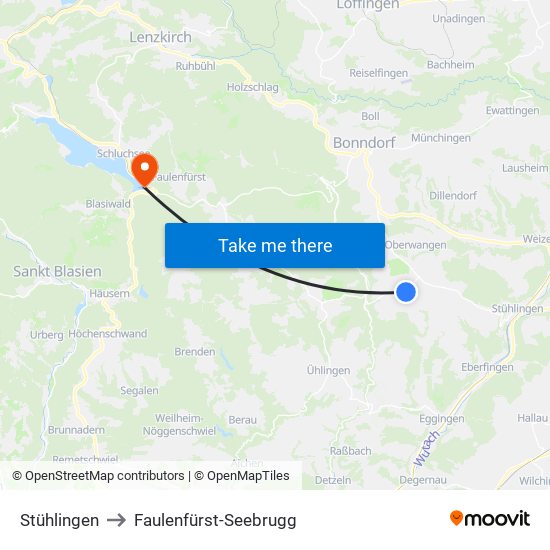 Stühlingen to Faulenfürst-Seebrugg map