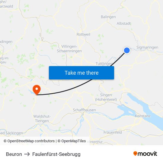 Beuron to Faulenfürst-Seebrugg map
