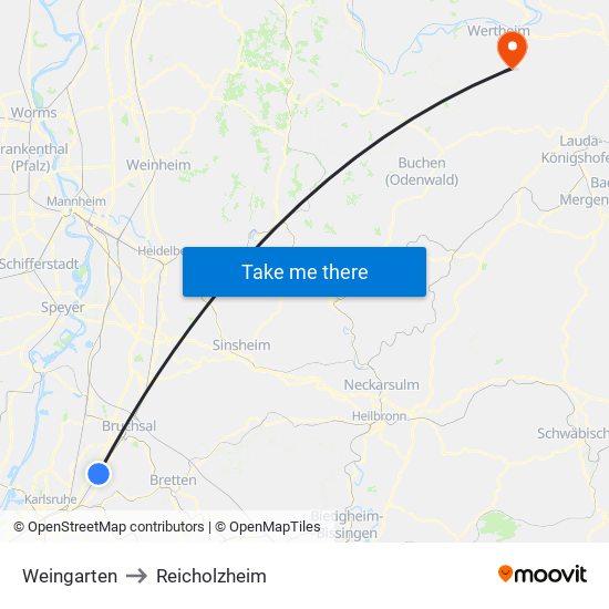 Weingarten to Reicholzheim map