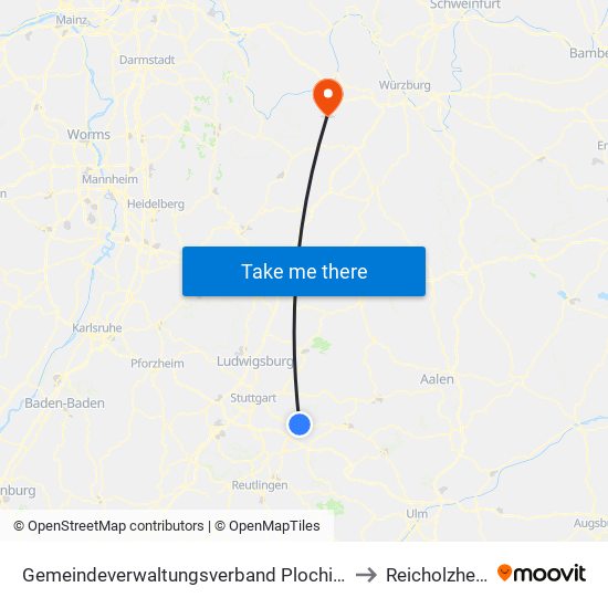 Gemeindeverwaltungsverband Plochingen to Reicholzheim map