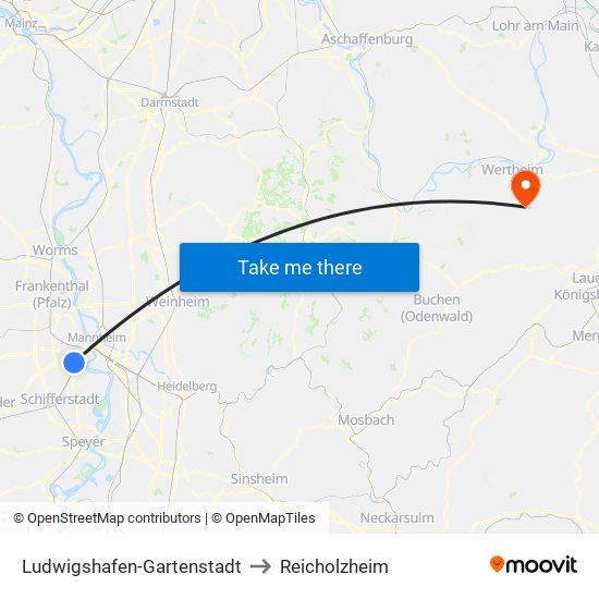 Ludwigshafen-Gartenstadt to Reicholzheim map