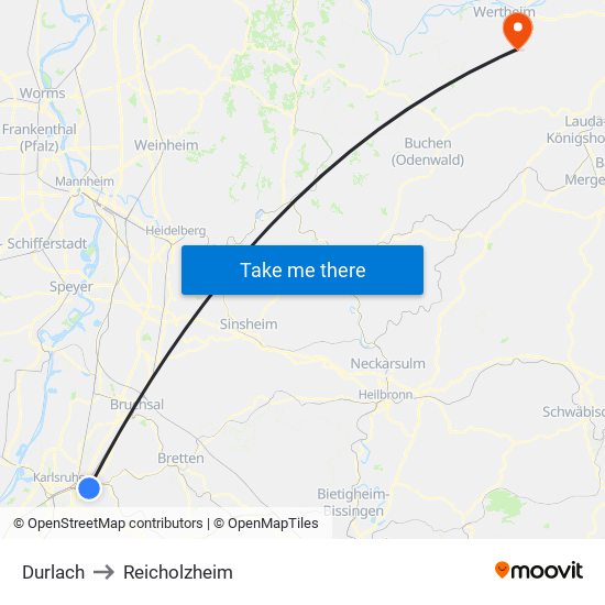 Durlach to Reicholzheim map
