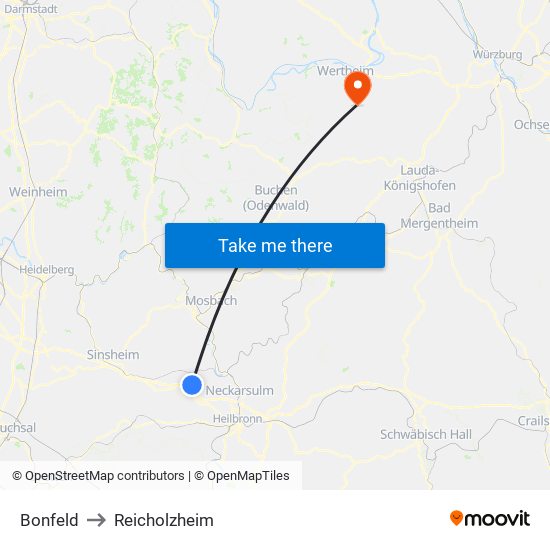 Bonfeld to Reicholzheim map