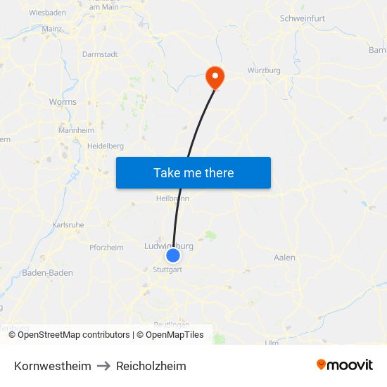 Kornwestheim to Reicholzheim map