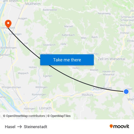 Hasel to Steinenstadt map