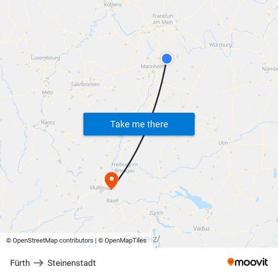 Fürth to Steinenstadt map