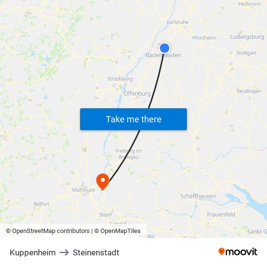 Kuppenheim to Steinenstadt map