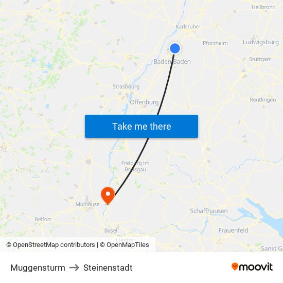 Muggensturm to Steinenstadt map