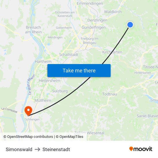 Simonswald to Steinenstadt map