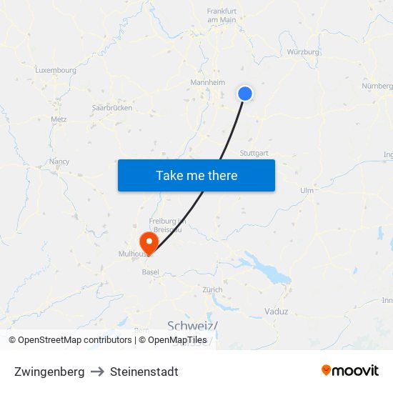 Zwingenberg to Steinenstadt map