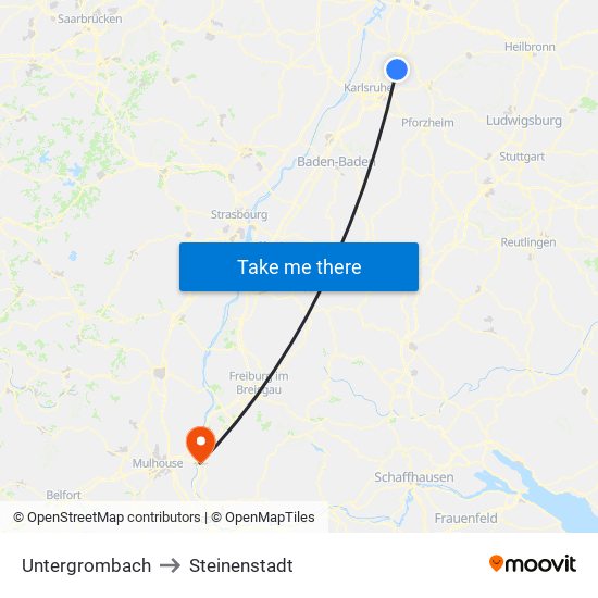 Untergrombach to Steinenstadt map