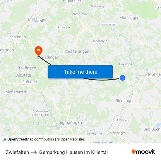 Zwiefalten to Gemarkung Hausen Im Killertal map