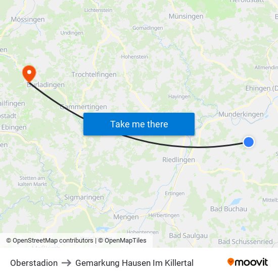 Oberstadion to Gemarkung Hausen Im Killertal map