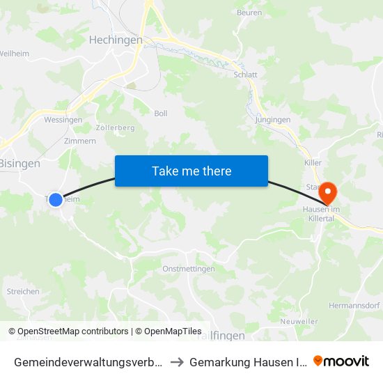 Gemeindeverwaltungsverband Bisingen to Gemarkung Hausen Im Killertal map