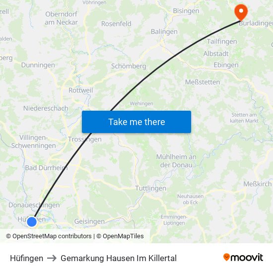 Hüfingen to Gemarkung Hausen Im Killertal map