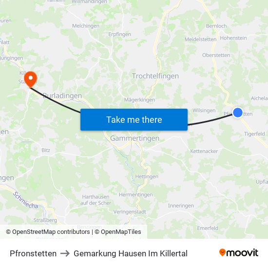 Pfronstetten to Gemarkung Hausen Im Killertal map