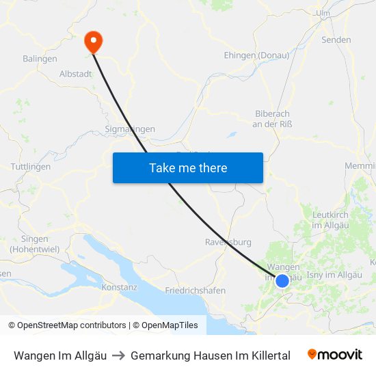 Wangen Im Allgäu to Gemarkung Hausen Im Killertal map
