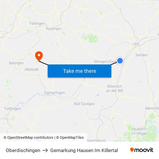 Oberdischingen to Gemarkung Hausen Im Killertal map