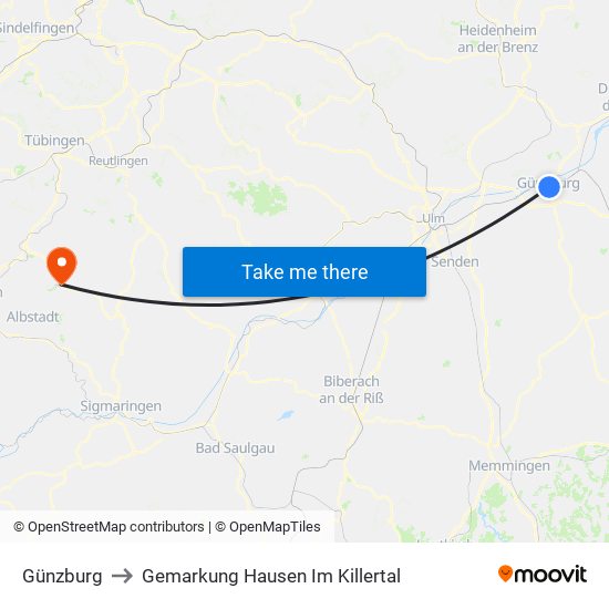 Günzburg to Gemarkung Hausen Im Killertal map