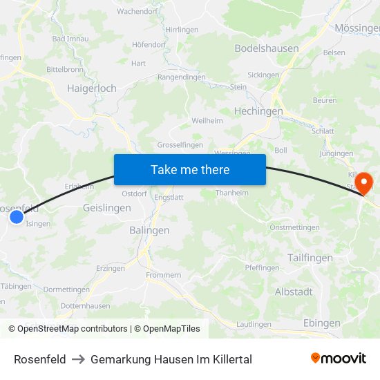 Rosenfeld to Gemarkung Hausen Im Killertal map