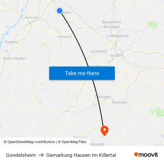 Gondelsheim to Gemarkung Hausen Im Killertal map