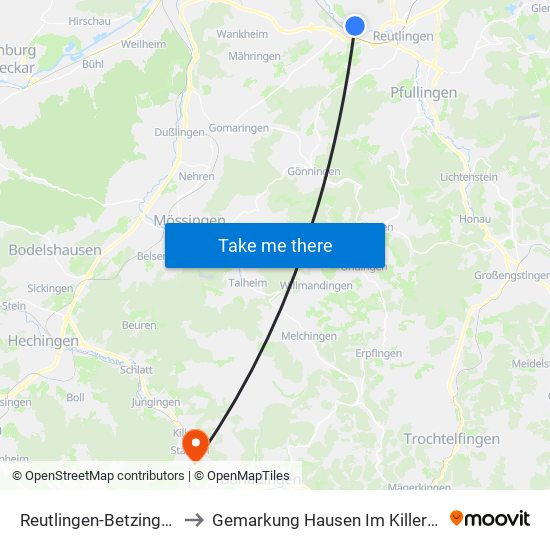 Reutlingen-Betzingen to Gemarkung Hausen Im Killertal map
