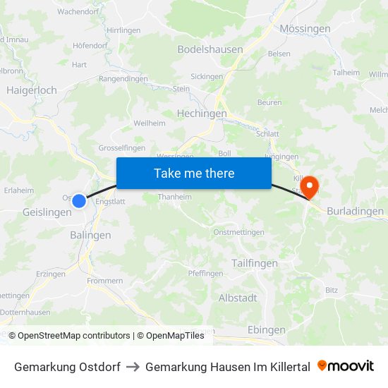 Gemarkung Ostdorf to Gemarkung Hausen Im Killertal map