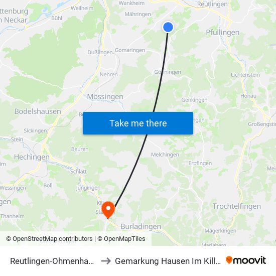 Reutlingen-Ohmenhausen to Gemarkung Hausen Im Killertal map