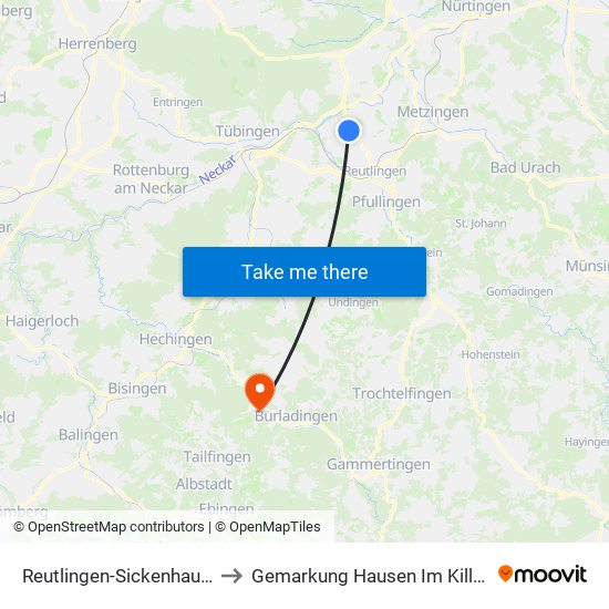 Reutlingen-Sickenhausen to Gemarkung Hausen Im Killertal map