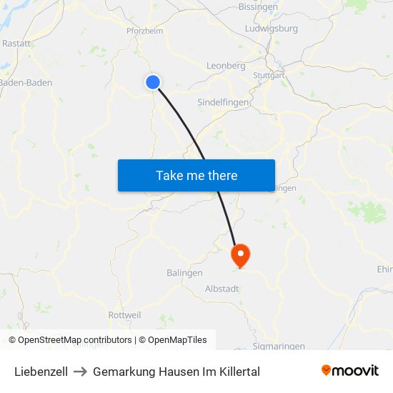 Liebenzell to Gemarkung Hausen Im Killertal map