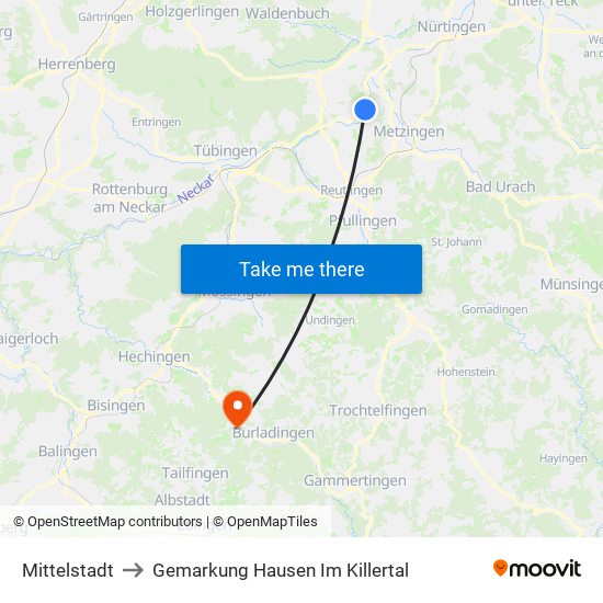 Mittelstadt to Gemarkung Hausen Im Killertal map