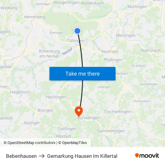 Bebenhausen to Gemarkung Hausen Im Killertal map