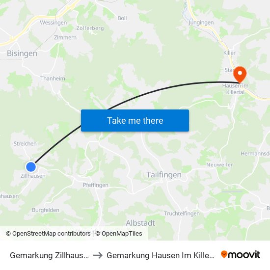 Gemarkung Zillhausen to Gemarkung Hausen Im Killertal map