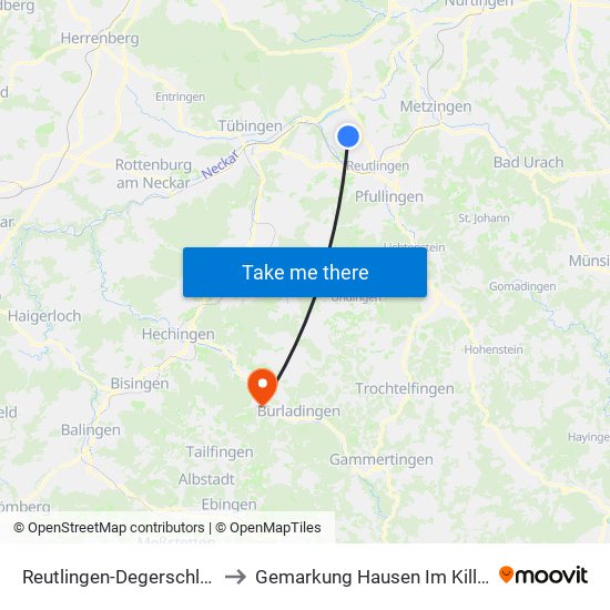 Reutlingen-Degerschlacht to Gemarkung Hausen Im Killertal map