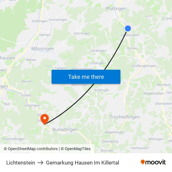 Lichtenstein to Gemarkung Hausen Im Killertal map