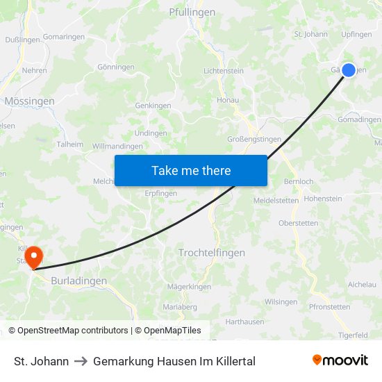 St. Johann to Gemarkung Hausen Im Killertal map