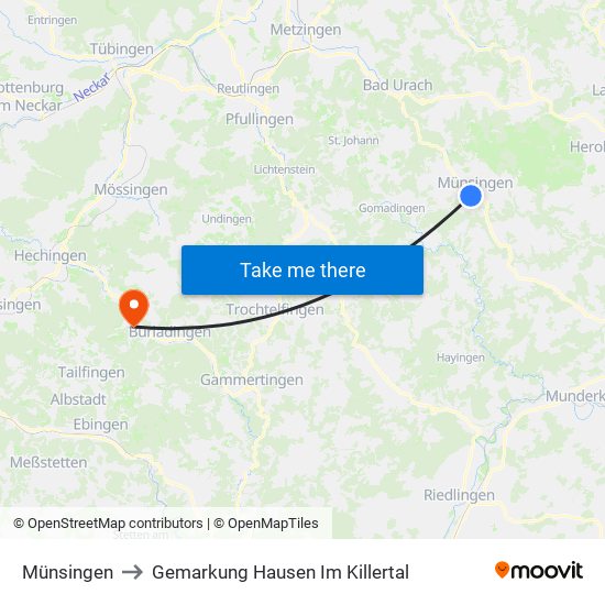 Münsingen to Gemarkung Hausen Im Killertal map