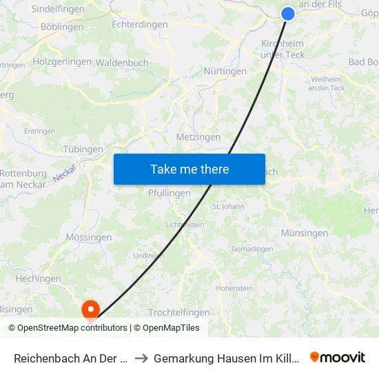 Reichenbach An Der Fils to Gemarkung Hausen Im Killertal map