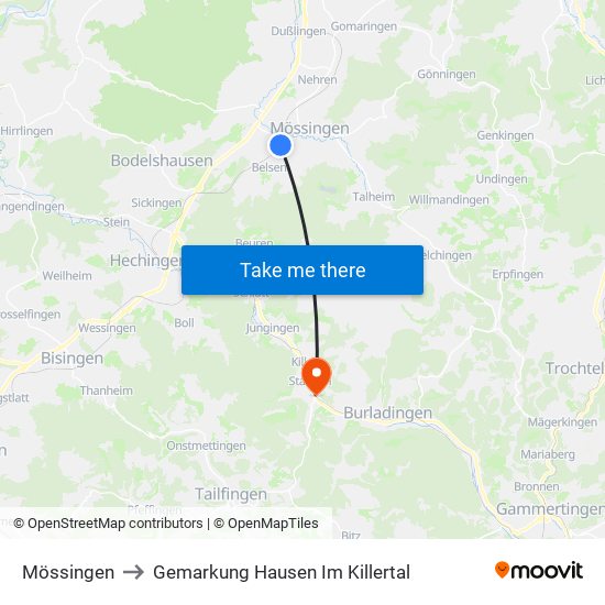 Mössingen to Gemarkung Hausen Im Killertal map