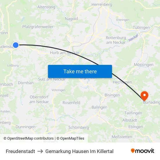 Freudenstadt to Gemarkung Hausen Im Killertal map