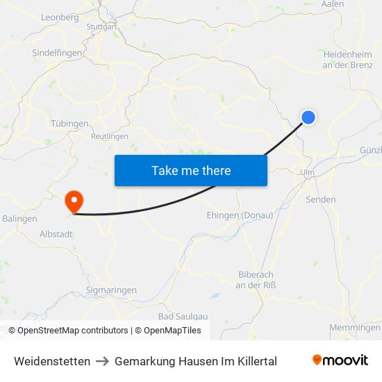 Weidenstetten to Gemarkung Hausen Im Killertal map