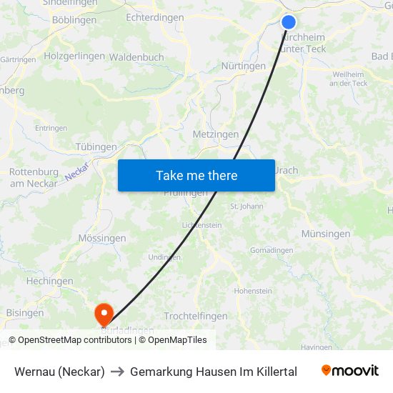 Wernau (Neckar) to Gemarkung Hausen Im Killertal map
