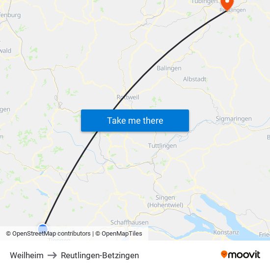 Weilheim to Reutlingen-Betzingen map