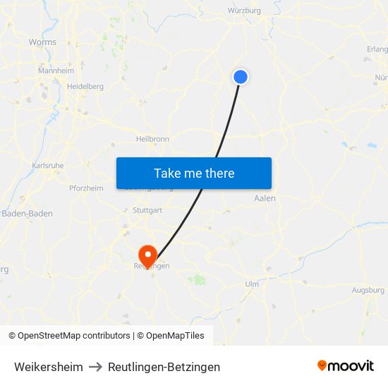 Weikersheim to Reutlingen-Betzingen map