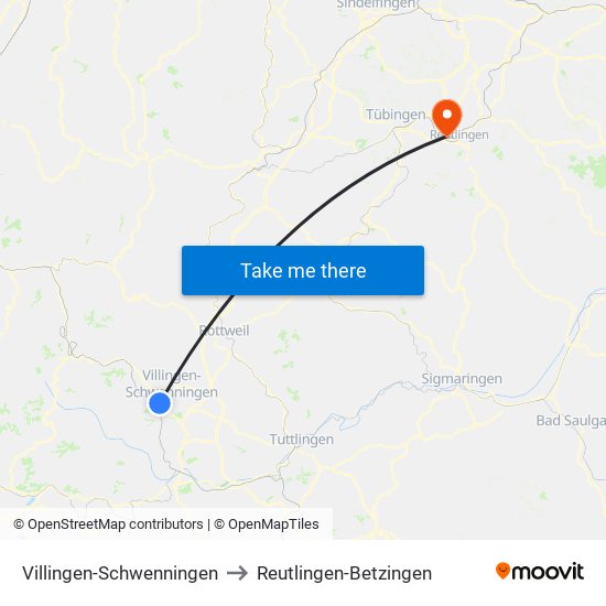 Villingen-Schwenningen to Reutlingen-Betzingen map