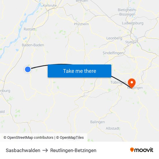 Sasbachwalden to Reutlingen-Betzingen map