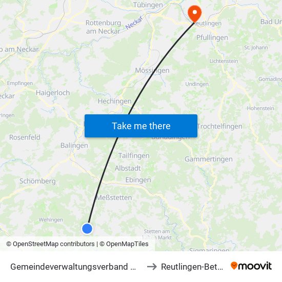 Gemeindeverwaltungsverband Meßstetten to Reutlingen-Betzingen map