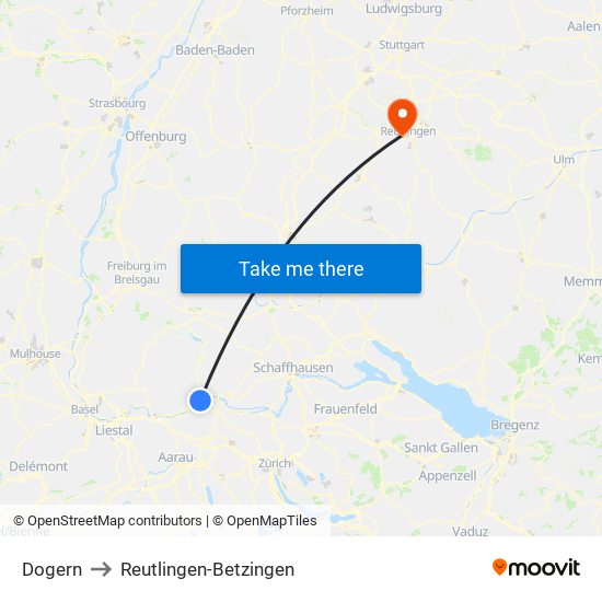 Dogern to Reutlingen-Betzingen map